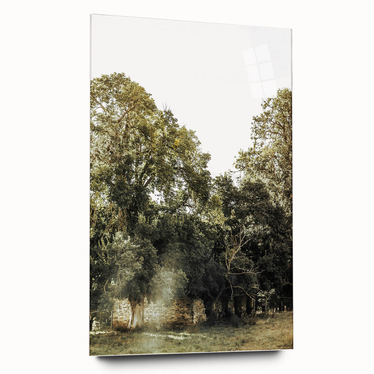 Rustic Wall Art: Serene Forest & Stone Structure – Farmhouse Decor Print
