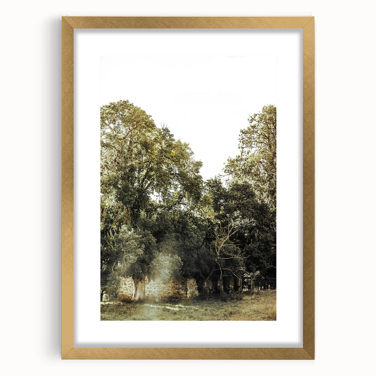 Rustic Wall Art: Serene Forest & Stone Structure – Farmhouse Decor Print
