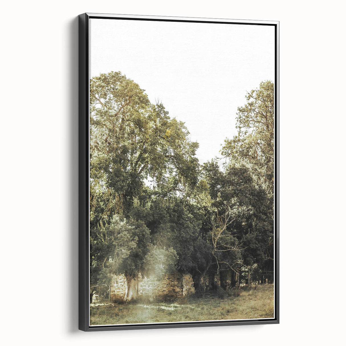 Rustic Wall Art: Serene Forest & Stone Structure – Farmhouse Decor Print