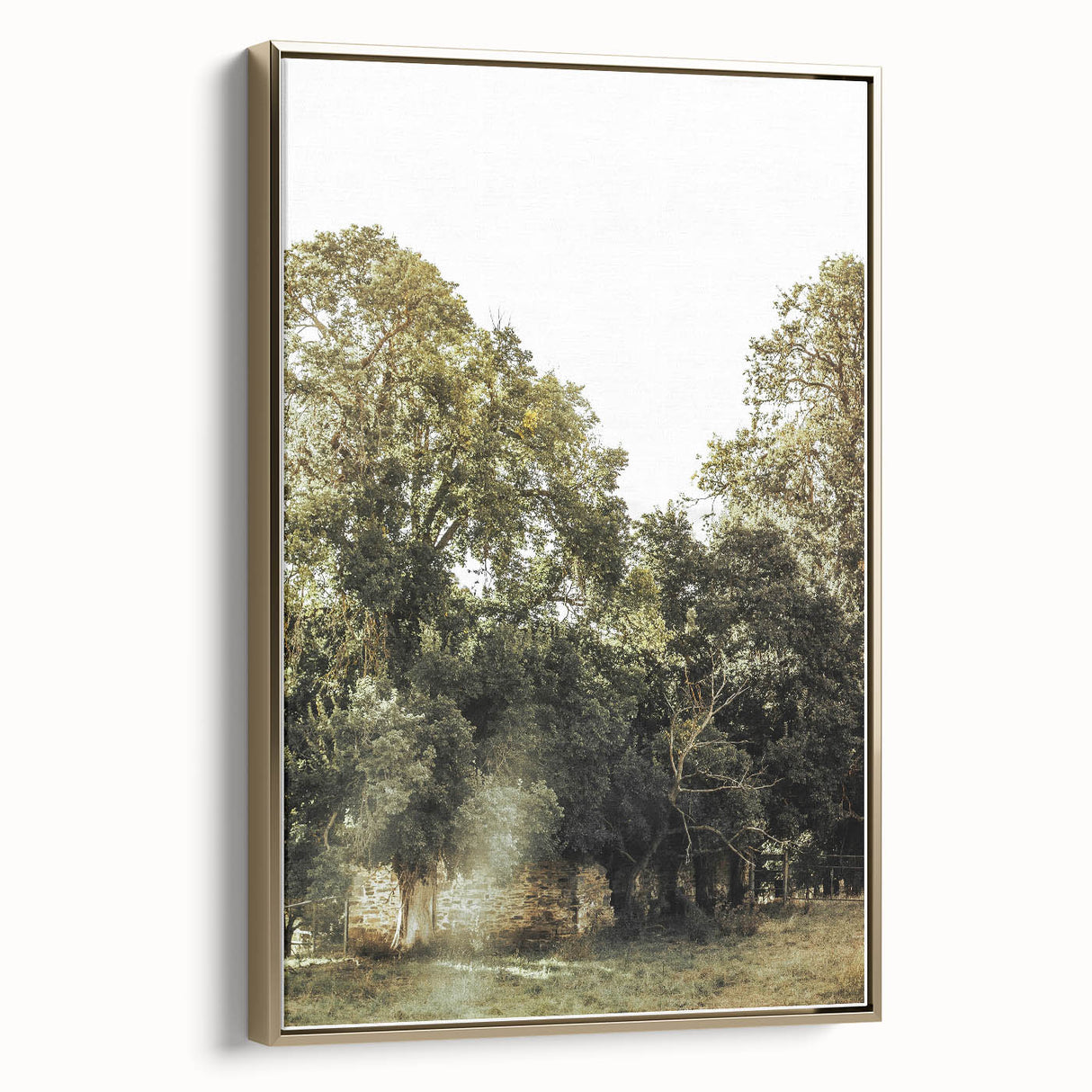 Rustic Wall Art: Serene Forest & Stone Structure – Farmhouse Decor Print
