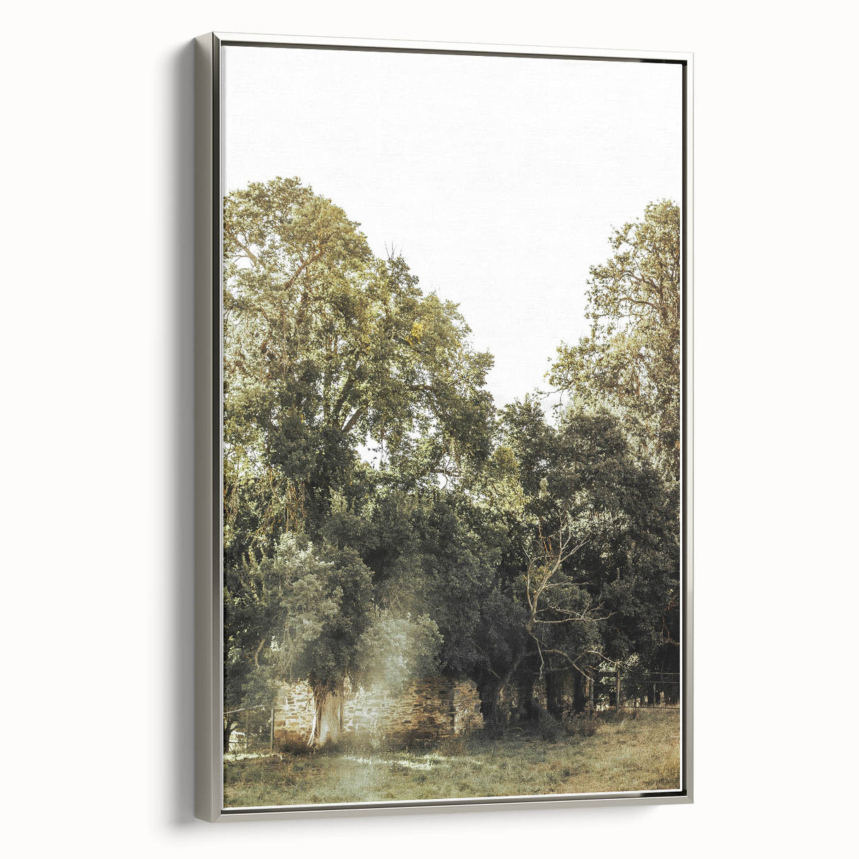Rustic Wall Art: Serene Forest & Stone Structure – Farmhouse Decor Print