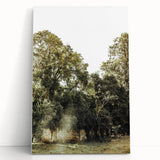 Rustic Wall Art: Serene Forest & Stone Structure – Farmhouse Decor Print