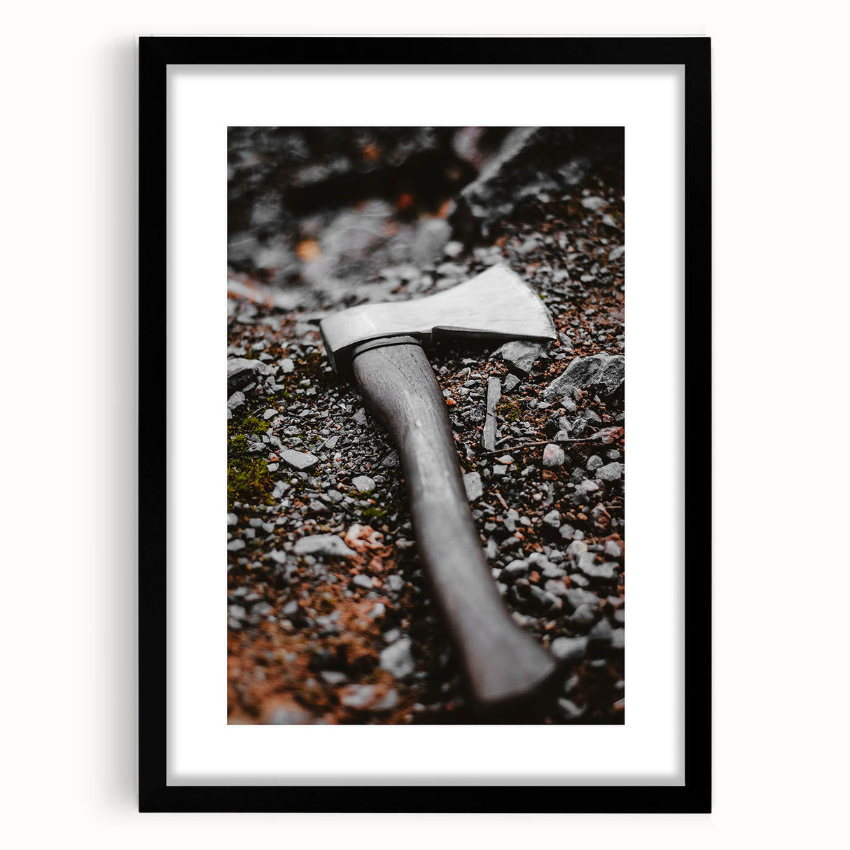 Rustic Wall Art: Axe on Gravel Close-Up – Industrial Farmhouse Decor Print