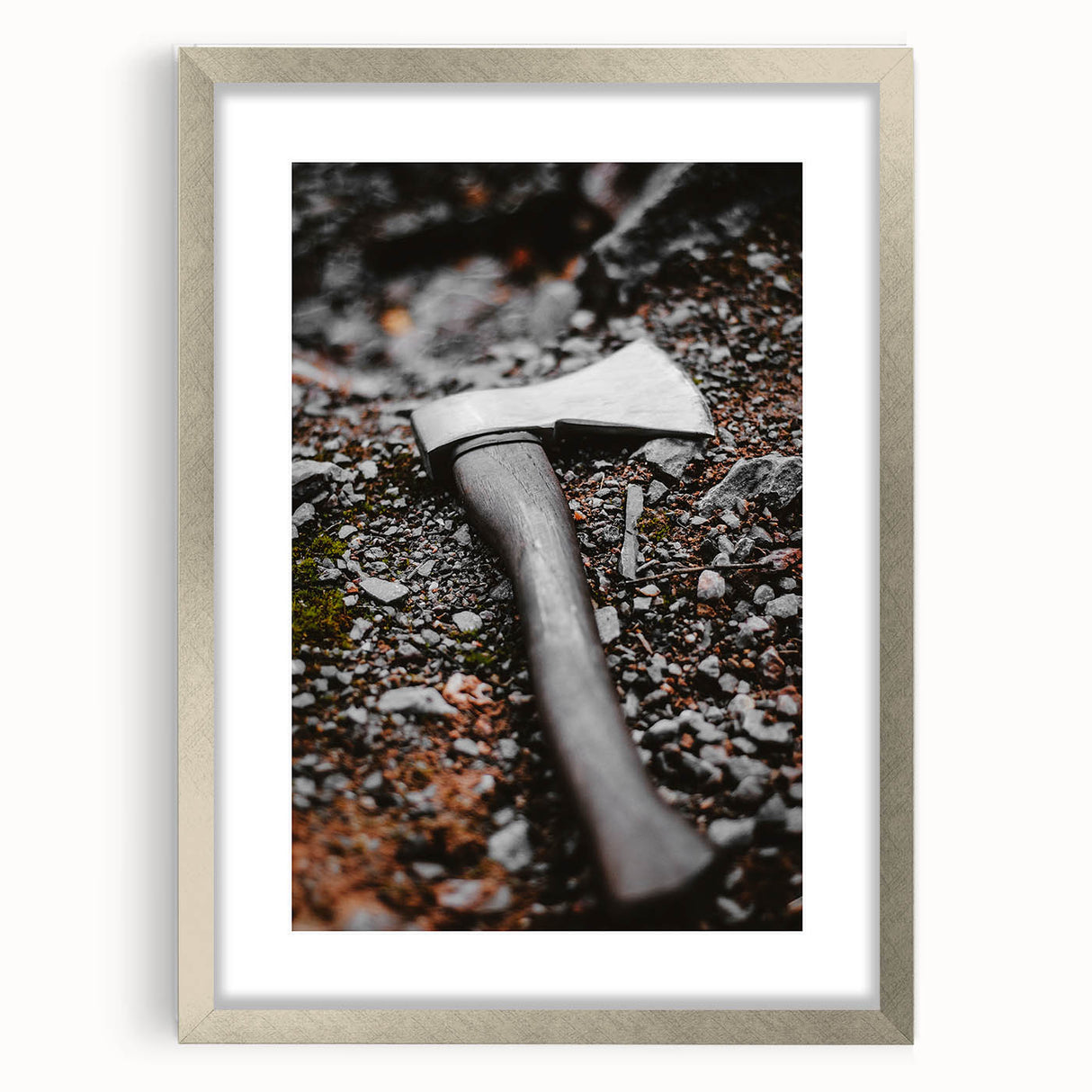 Rustic Wall Art: Axe on Gravel Close-Up – Industrial Farmhouse Decor Print