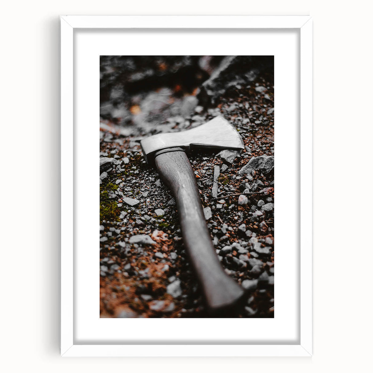 Rustic Wall Art: Axe on Gravel Close-Up – Industrial Farmhouse Decor Print