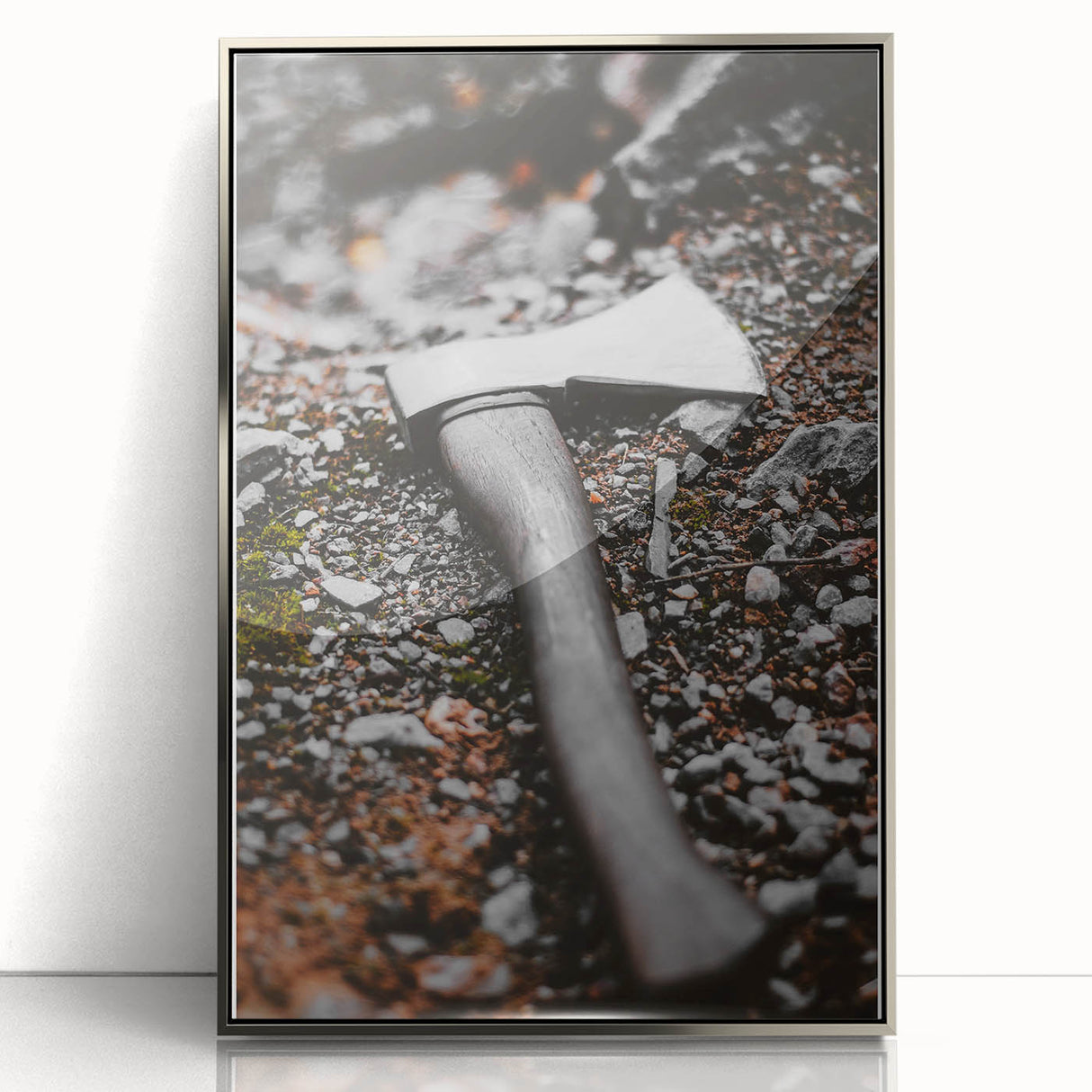 Rustic Wall Art: Axe on Gravel Close-Up – Industrial Farmhouse Decor Print