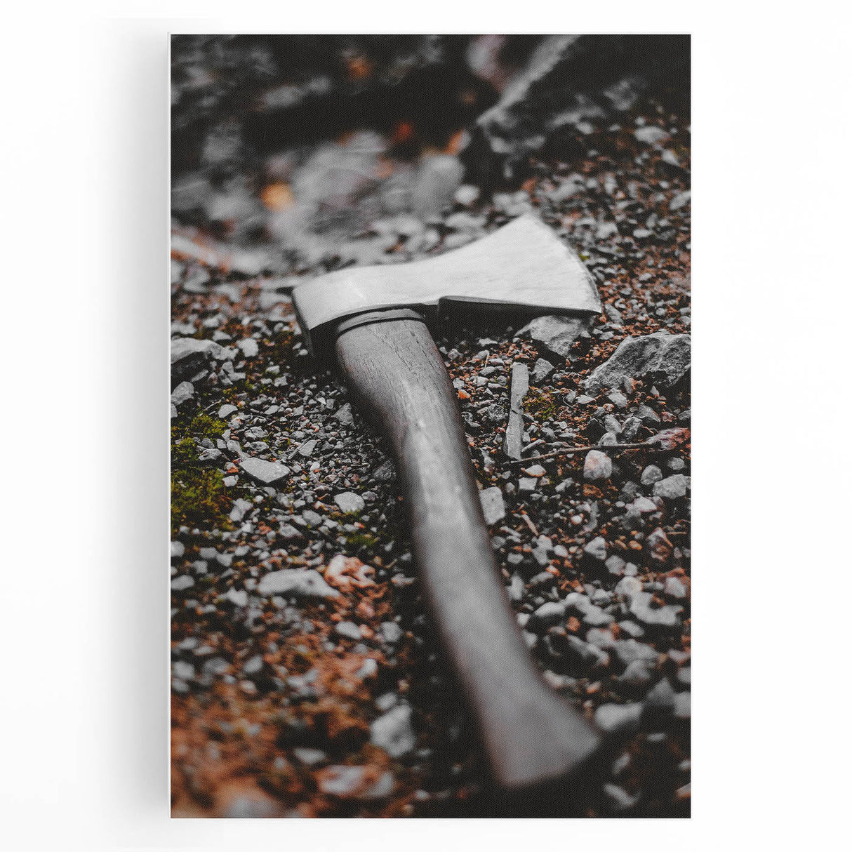 Rustic Wall Art: Axe on Gravel Close-Up – Industrial Farmhouse Decor Print