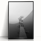 Rustic Wall Art: Broken Dock in Fog – Minimalist Black & White Print