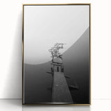 Rustic Wall Art: Broken Dock in Fog – Minimalist Black & White Print
