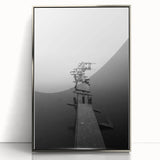 Rustic Wall Art: Broken Dock in Fog – Minimalist Black & White Print