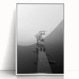 Rustic Wall Art: Broken Dock in Fog – Minimalist Black & White Print