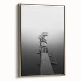 Rustic Wall Art: Broken Dock in Fog – Minimalist Black & White Print