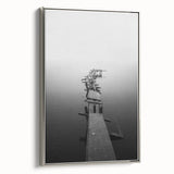 Rustic Wall Art: Broken Dock in Fog – Minimalist Black & White Print