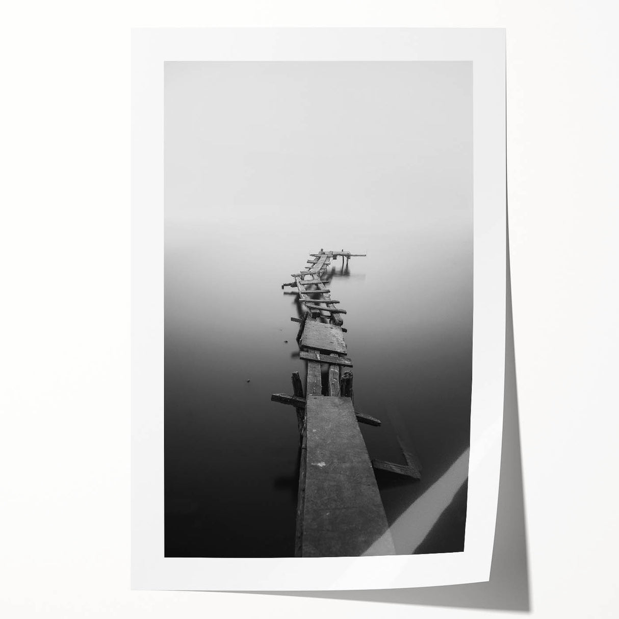 Rustic Wall Art: Broken Dock in Fog – Minimalist Black & White Print