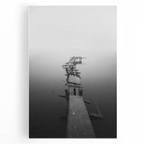 Rustic Wall Art: Broken Dock in Fog – Minimalist Black & White Print