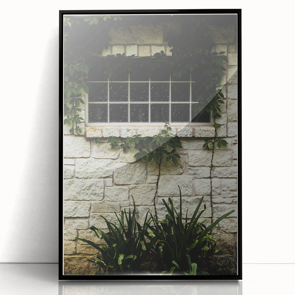 Rustic Stone Wall with Greenery Wall Art – Farmhouse Decor with Natural Charm
