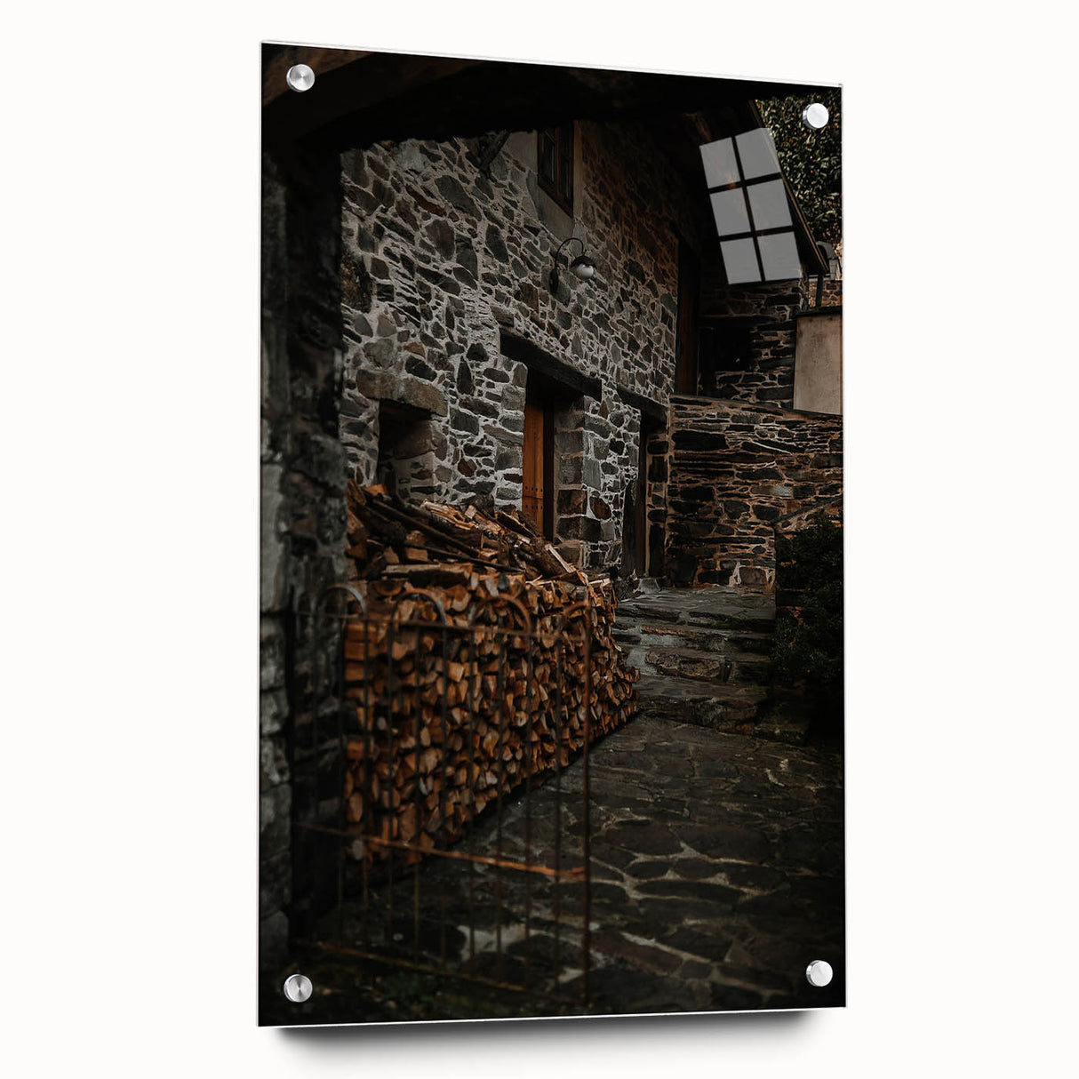 Rustic Stone Building with Firewood Wall Art – Farmhouse Decor Charm
