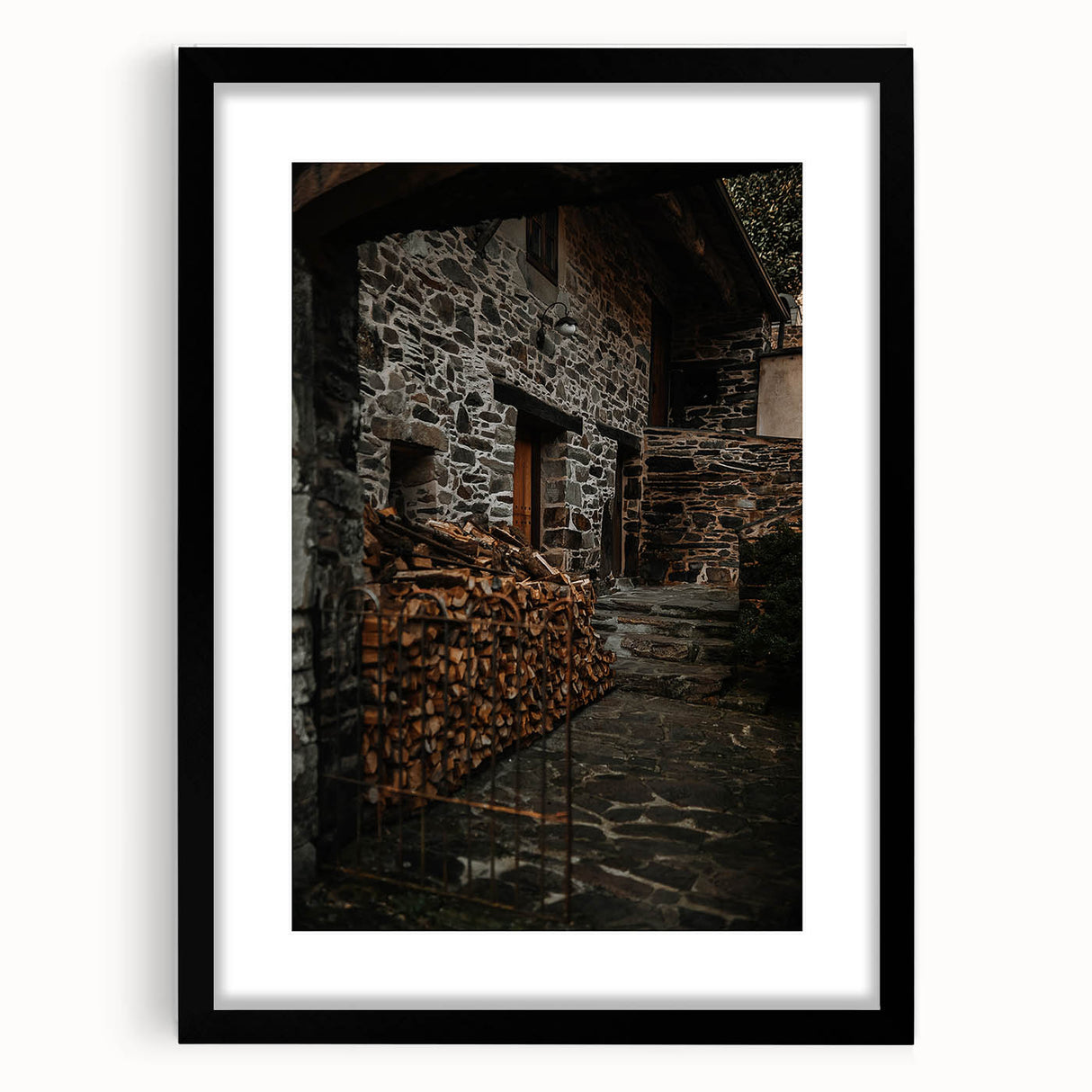 Rustic Stone Building with Firewood Wall Art – Farmhouse Decor Charm