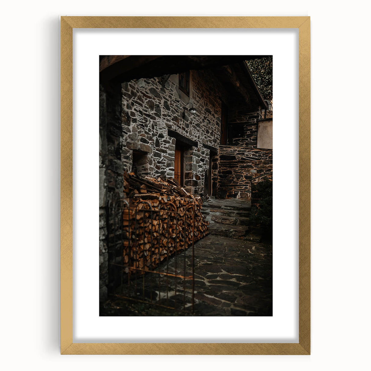 Rustic Stone Building with Firewood Wall Art – Farmhouse Decor Charm
