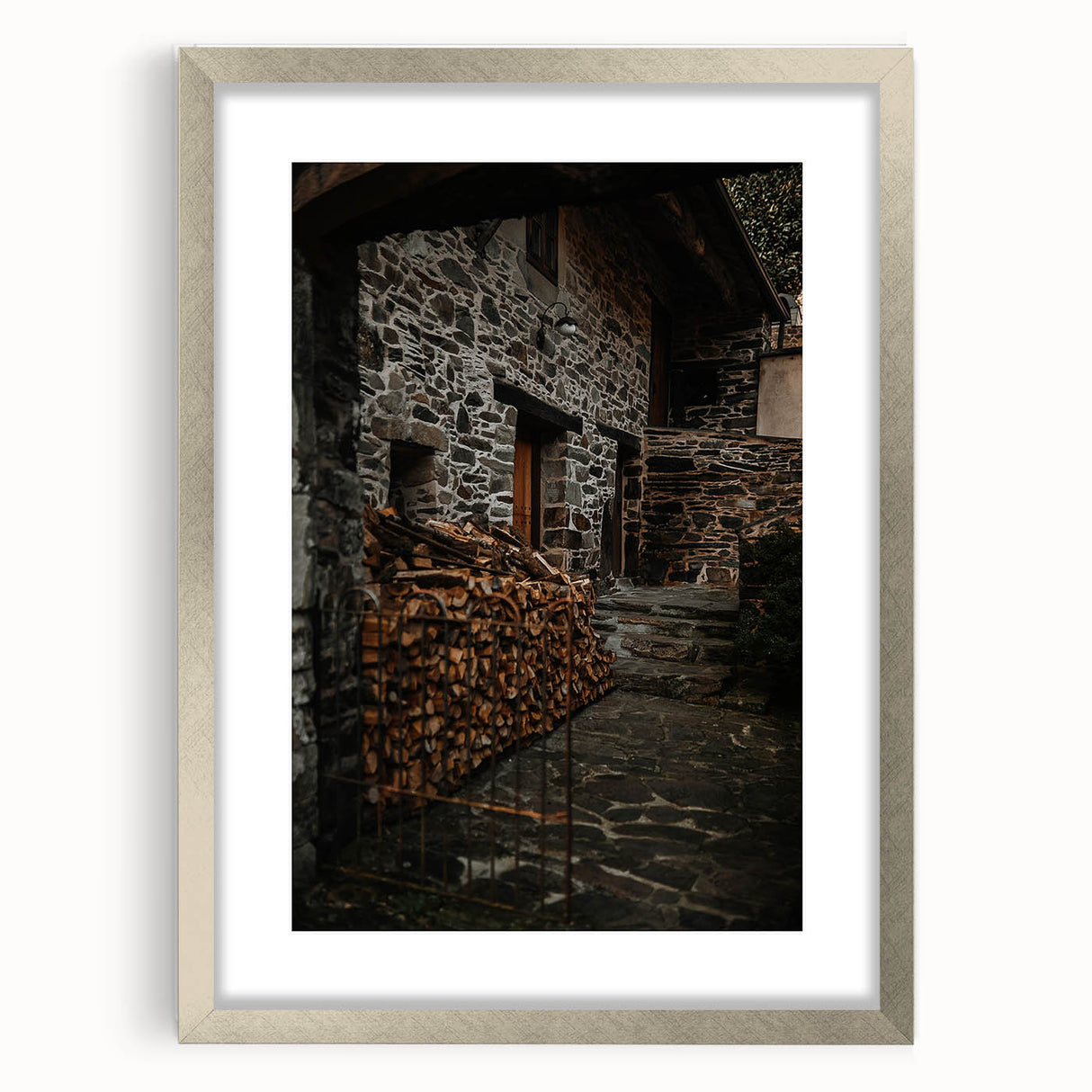 Rustic Stone Building with Firewood Wall Art – Farmhouse Decor Charm