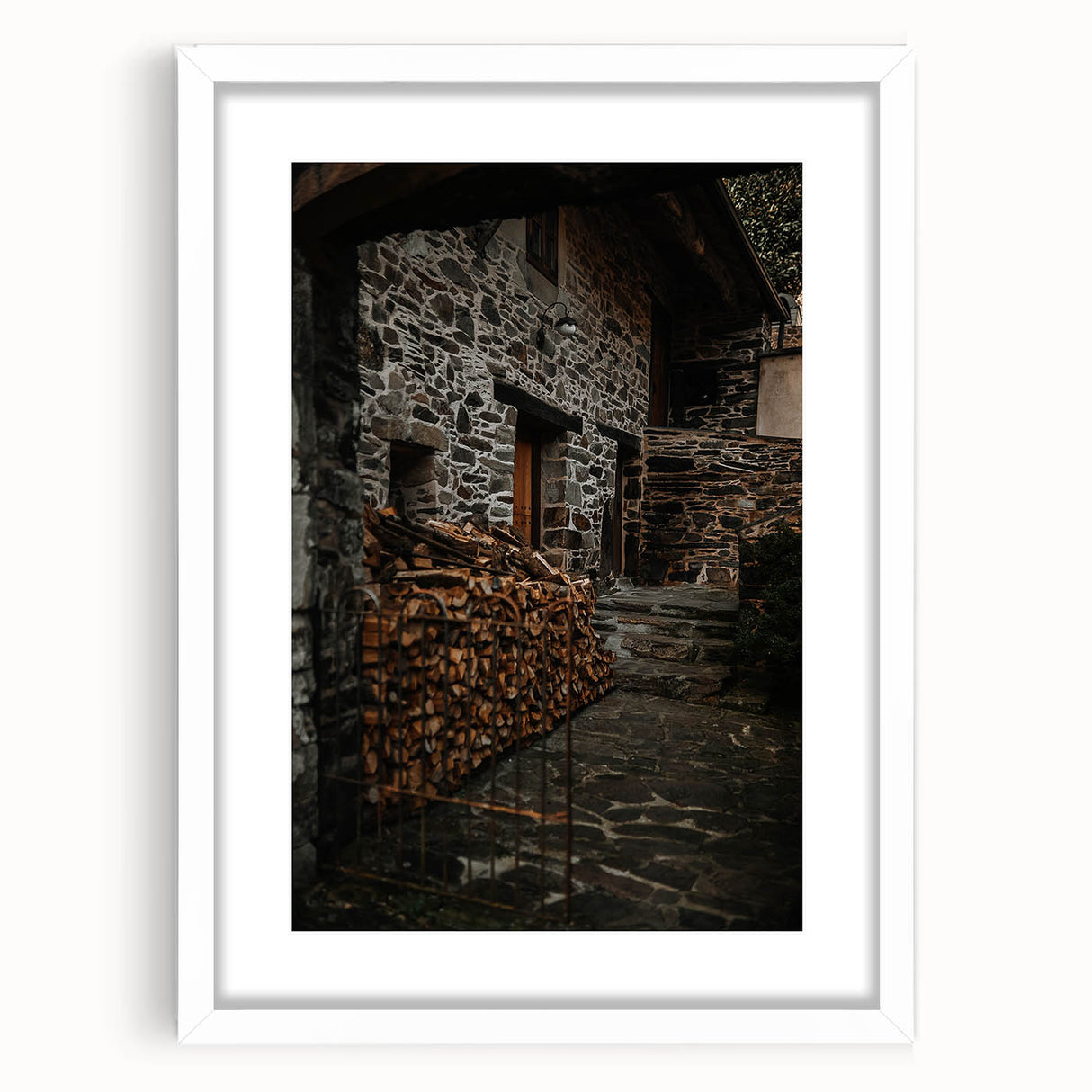 Rustic Stone Building with Firewood Wall Art – Farmhouse Decor Charm