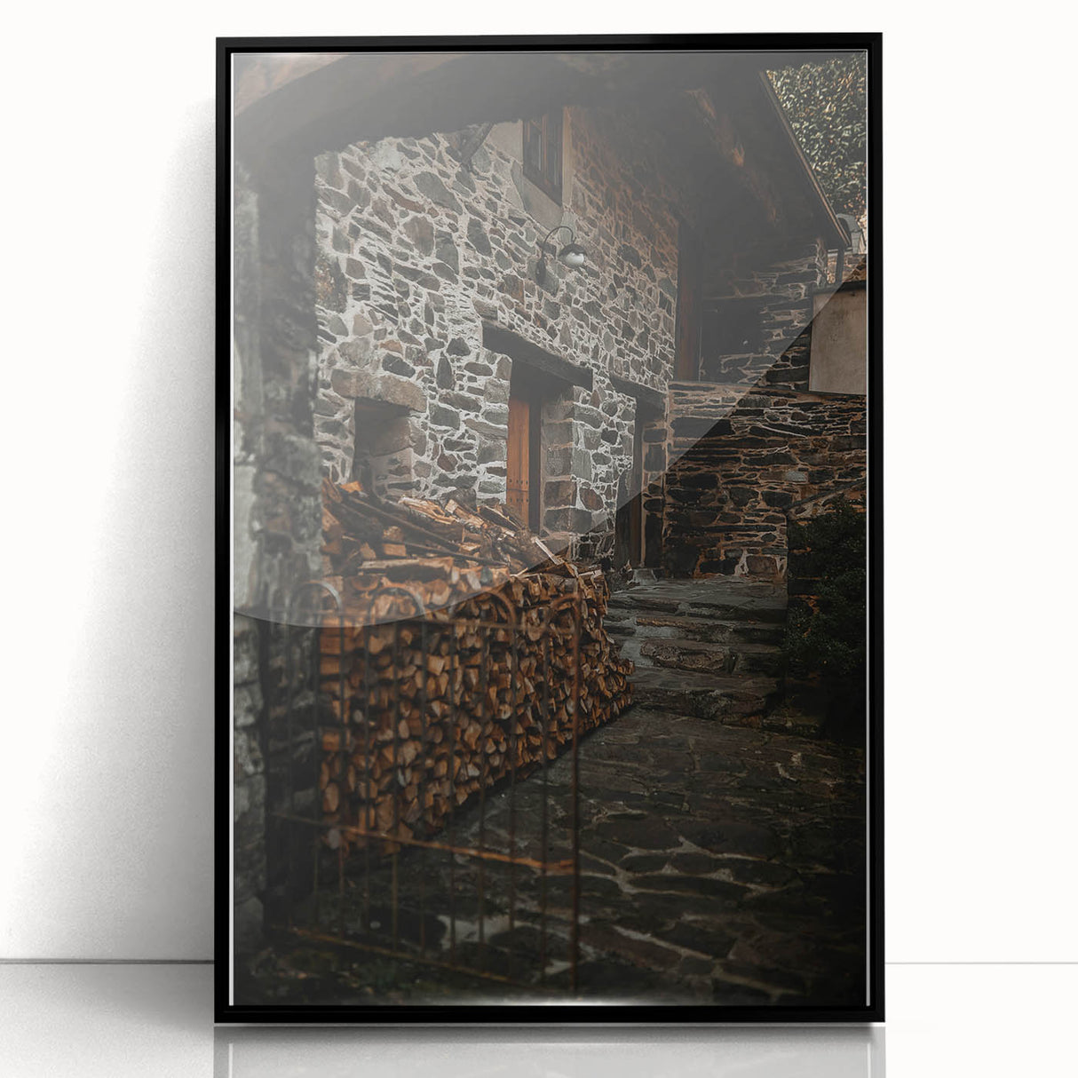 Rustic Stone Building with Firewood Wall Art – Farmhouse Decor Charm