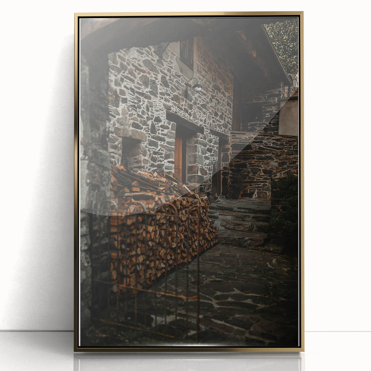 Rustic Stone Building with Firewood Wall Art – Farmhouse Decor Charm