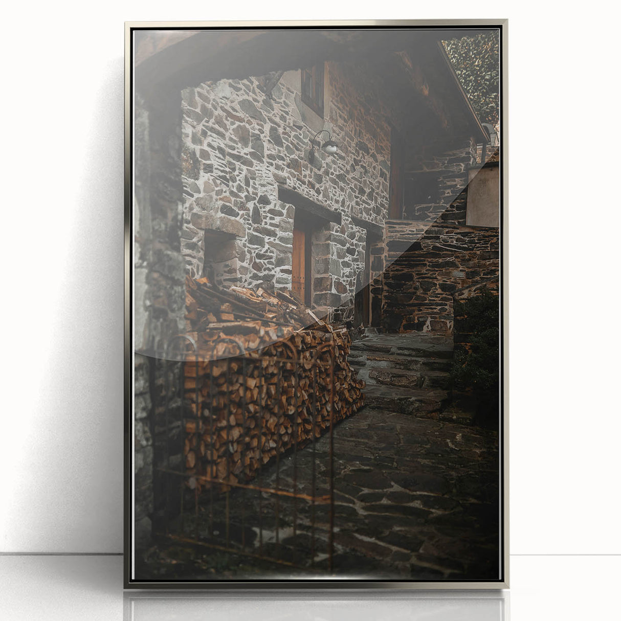 Rustic Stone Building with Firewood Wall Art – Farmhouse Decor Charm