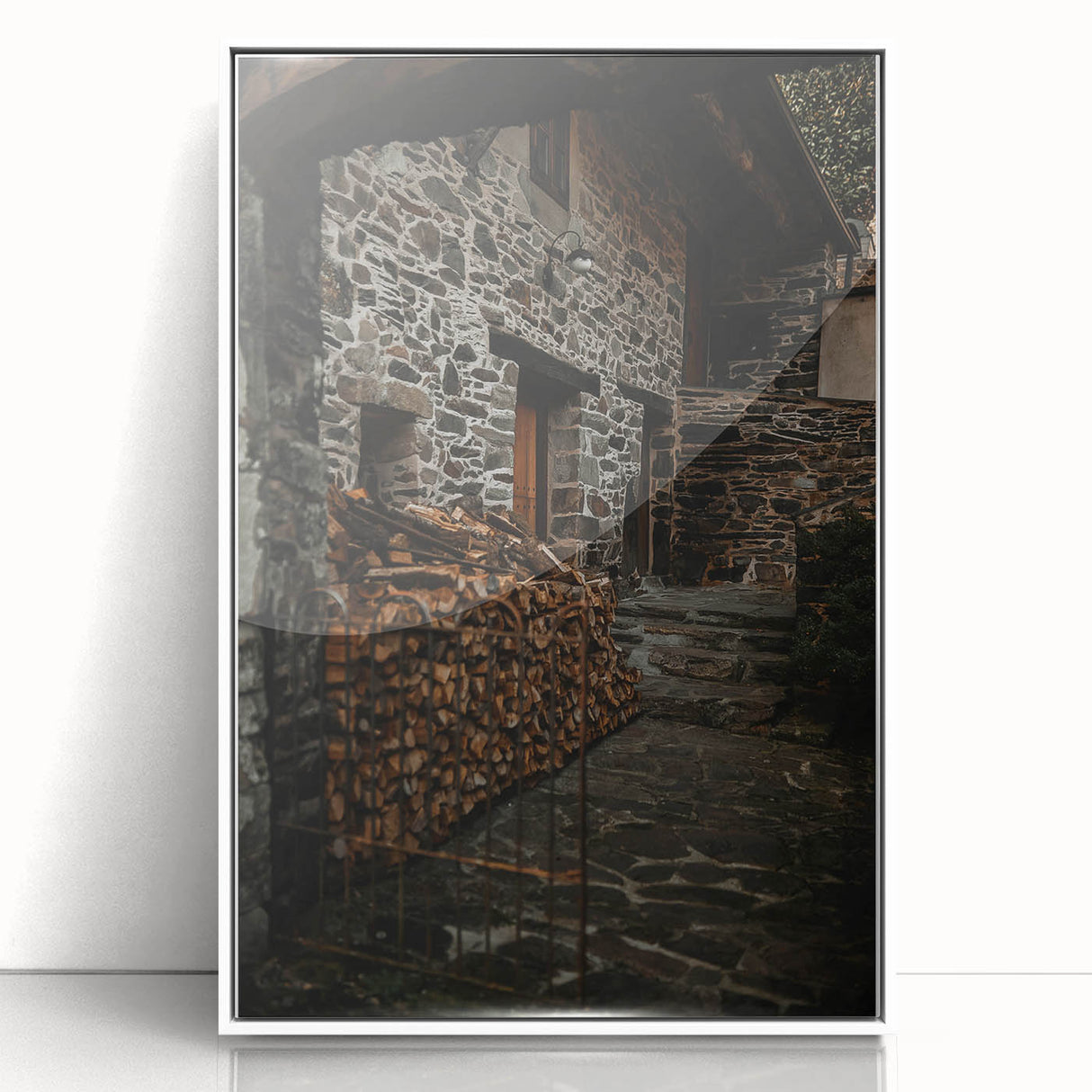 Rustic Stone Building with Firewood Wall Art – Farmhouse Decor Charm