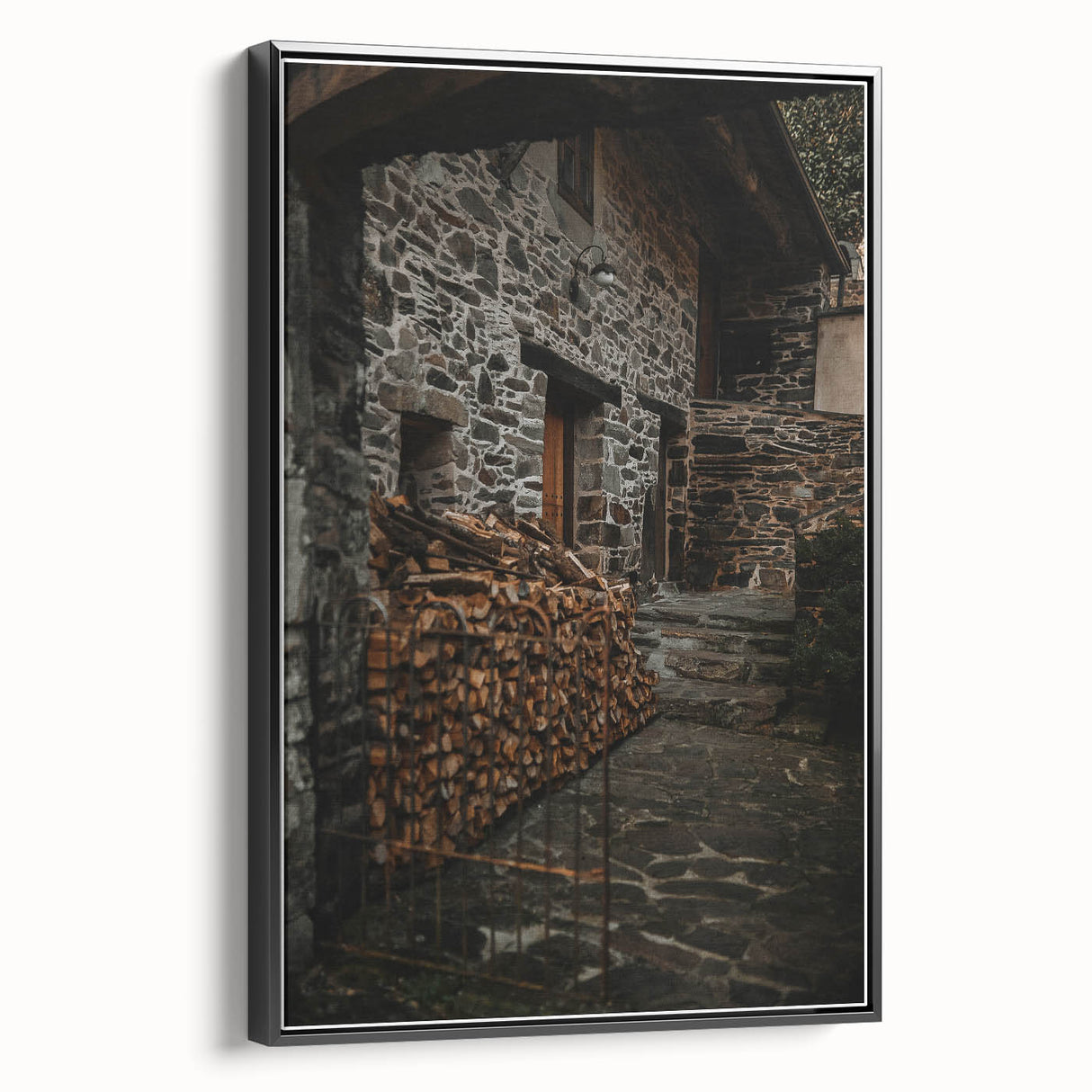 Rustic Stone Building with Firewood Wall Art – Farmhouse Decor Charm