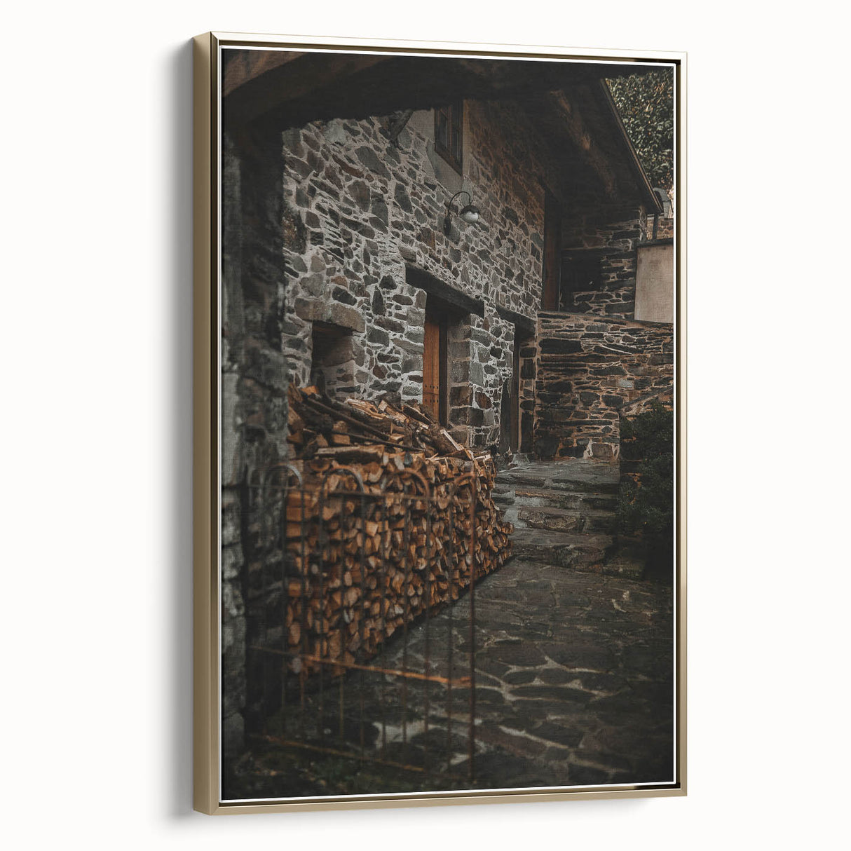 Rustic Stone Building with Firewood Wall Art – Farmhouse Decor Charm