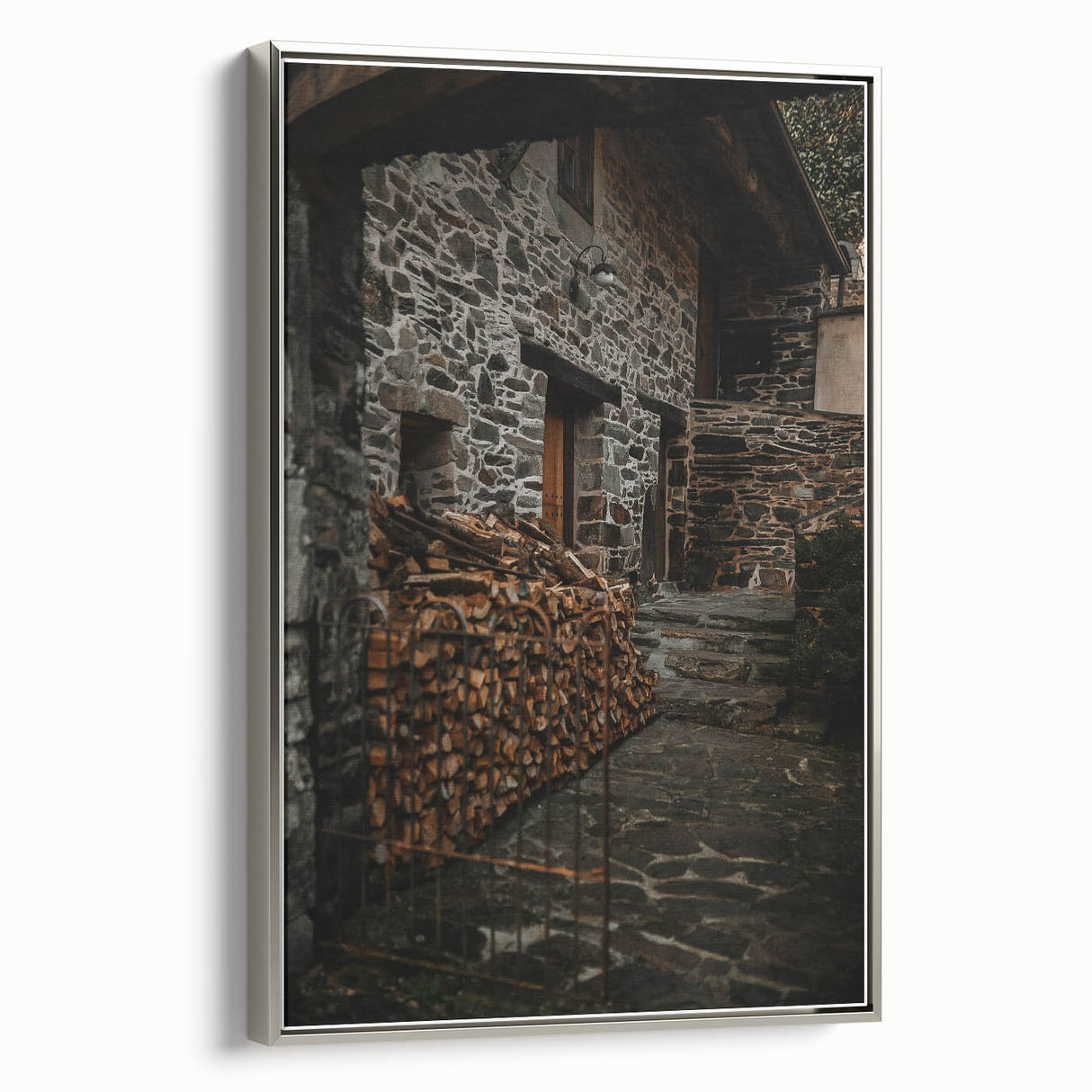 Rustic Stone Building with Firewood Wall Art – Farmhouse Decor Charm