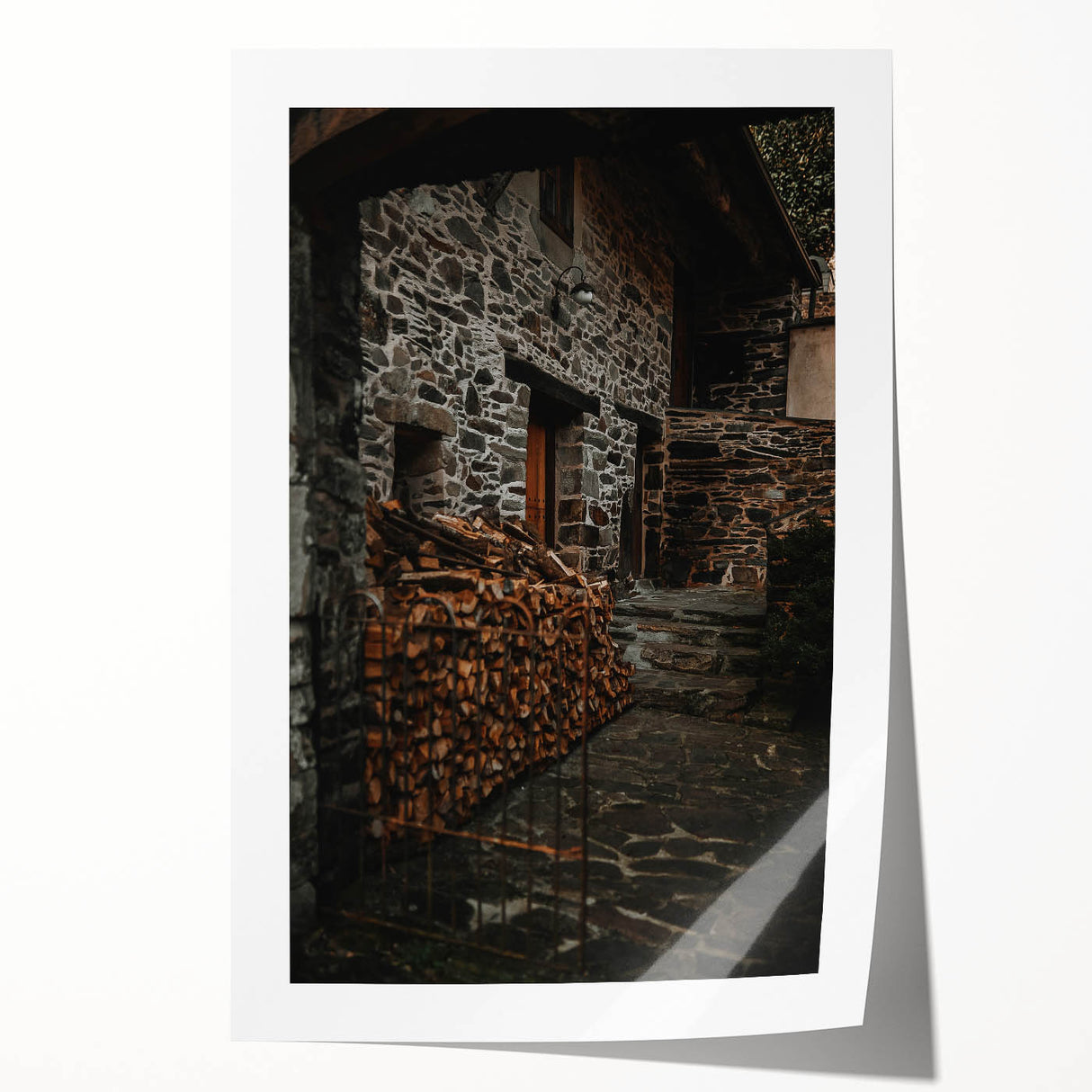 Rustic Stone Building with Firewood Wall Art – Farmhouse Decor Charm