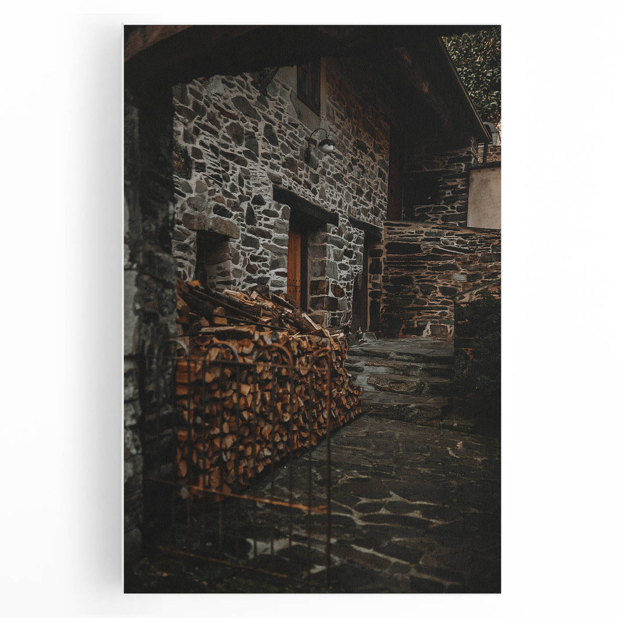 Rustic Stone Building with Firewood Wall Art – Farmhouse Decor Charm