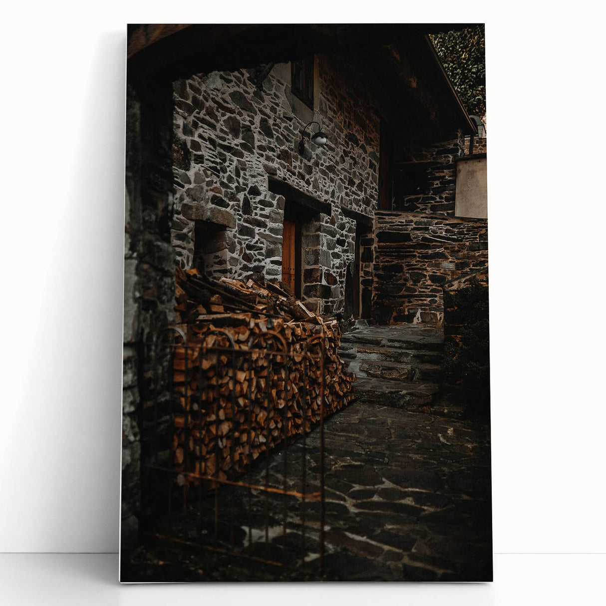 Rustic Stone Building with Firewood Wall Art – Farmhouse Decor Charm