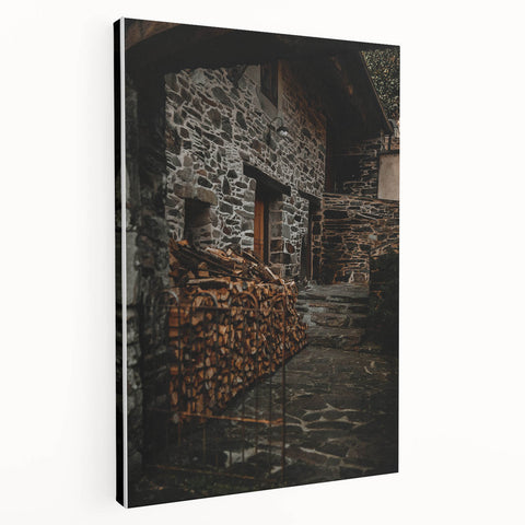 Rustic Stone Building with Firewood Wall Art – Farmhouse Decor Charm