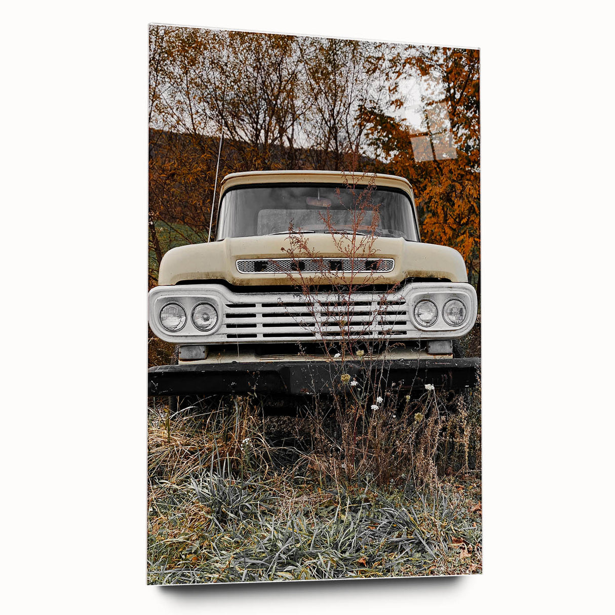 Rustic Wall Art: Vintage Abandoned Truck in Autumn Scene