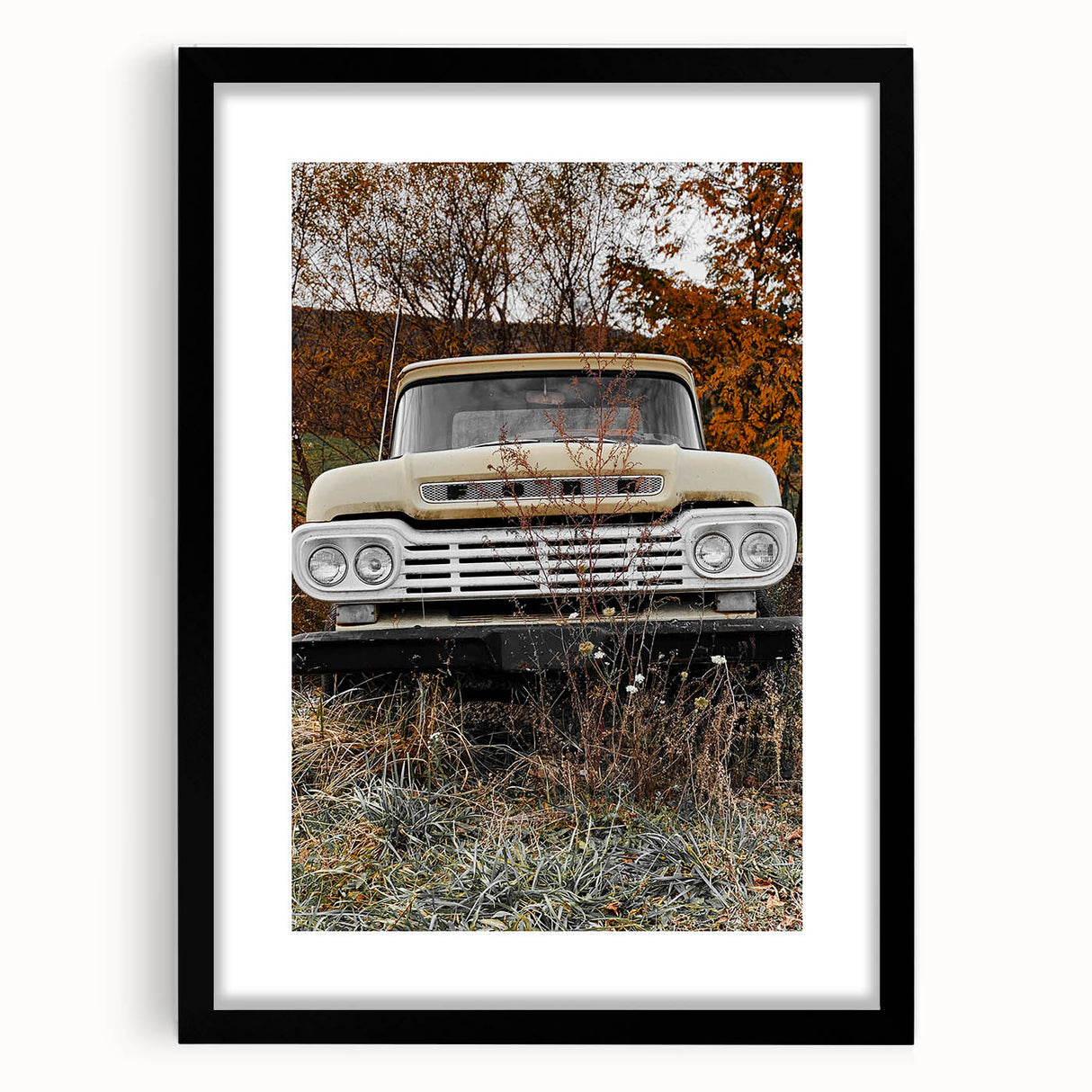 Rustic Wall Art: Vintage Abandoned Truck in Autumn Scene