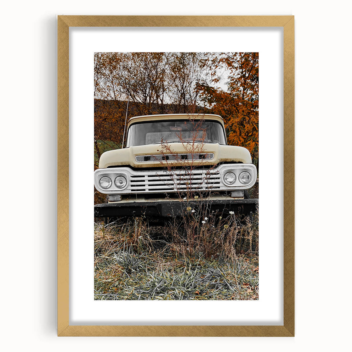 Rustic Wall Art: Vintage Abandoned Truck in Autumn Scene