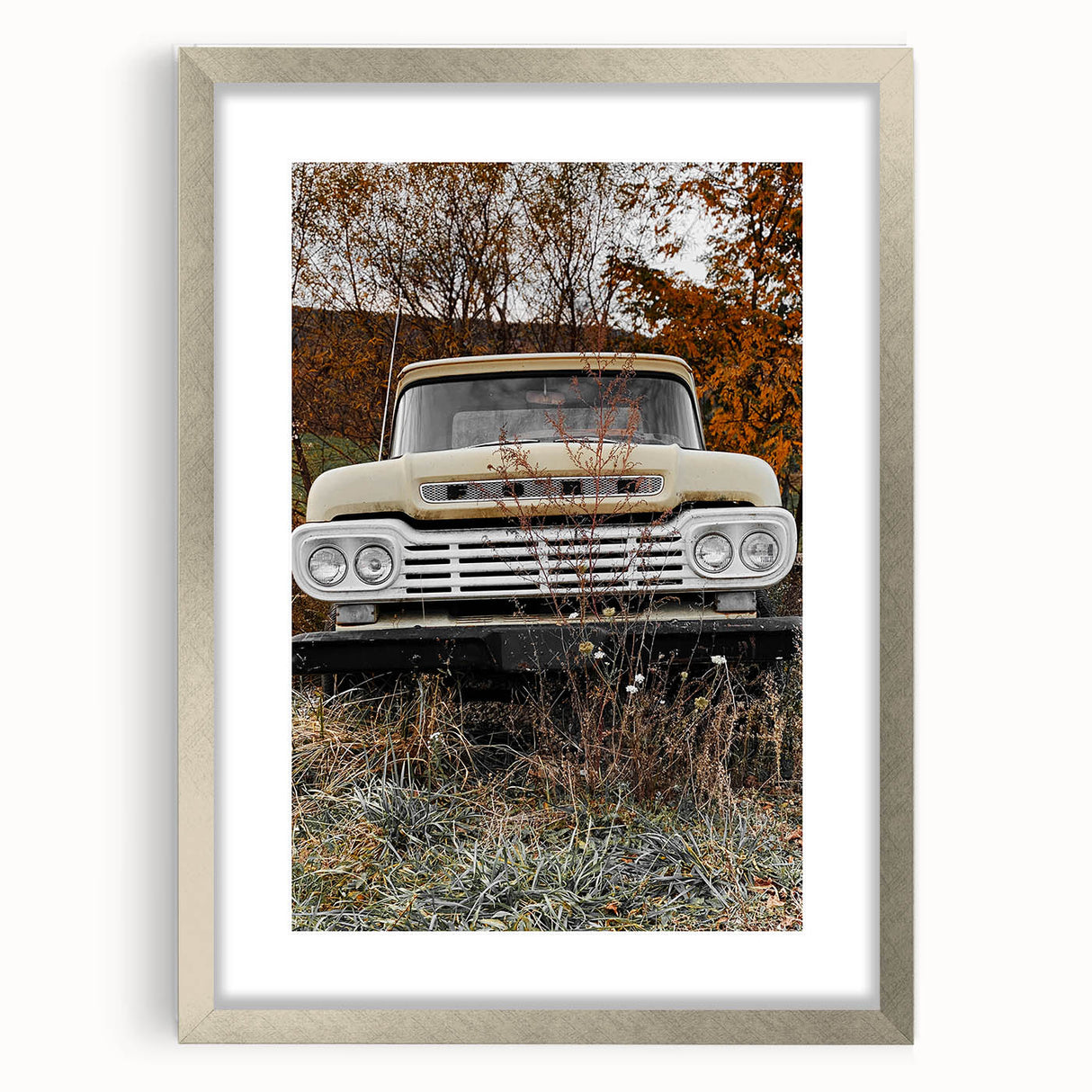 Rustic Wall Art: Vintage Abandoned Truck in Autumn Scene