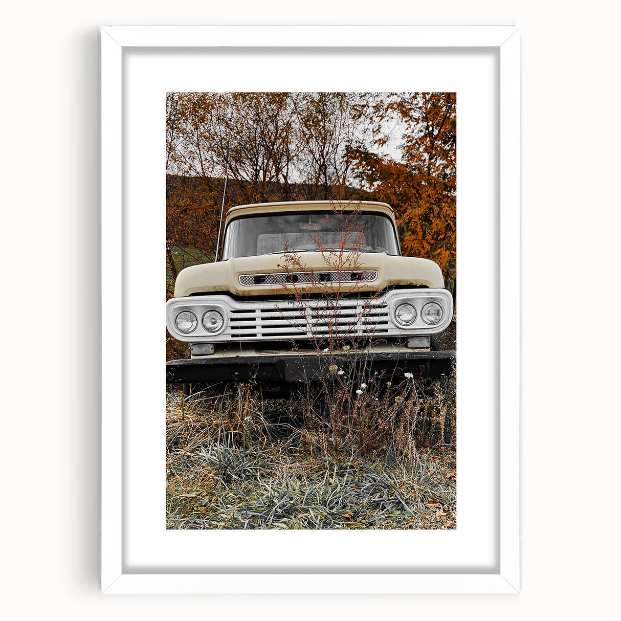 Rustic Wall Art: Vintage Abandoned Truck in Autumn Scene