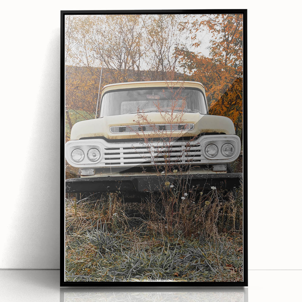 Rustic Wall Art: Vintage Abandoned Truck in Autumn Scene