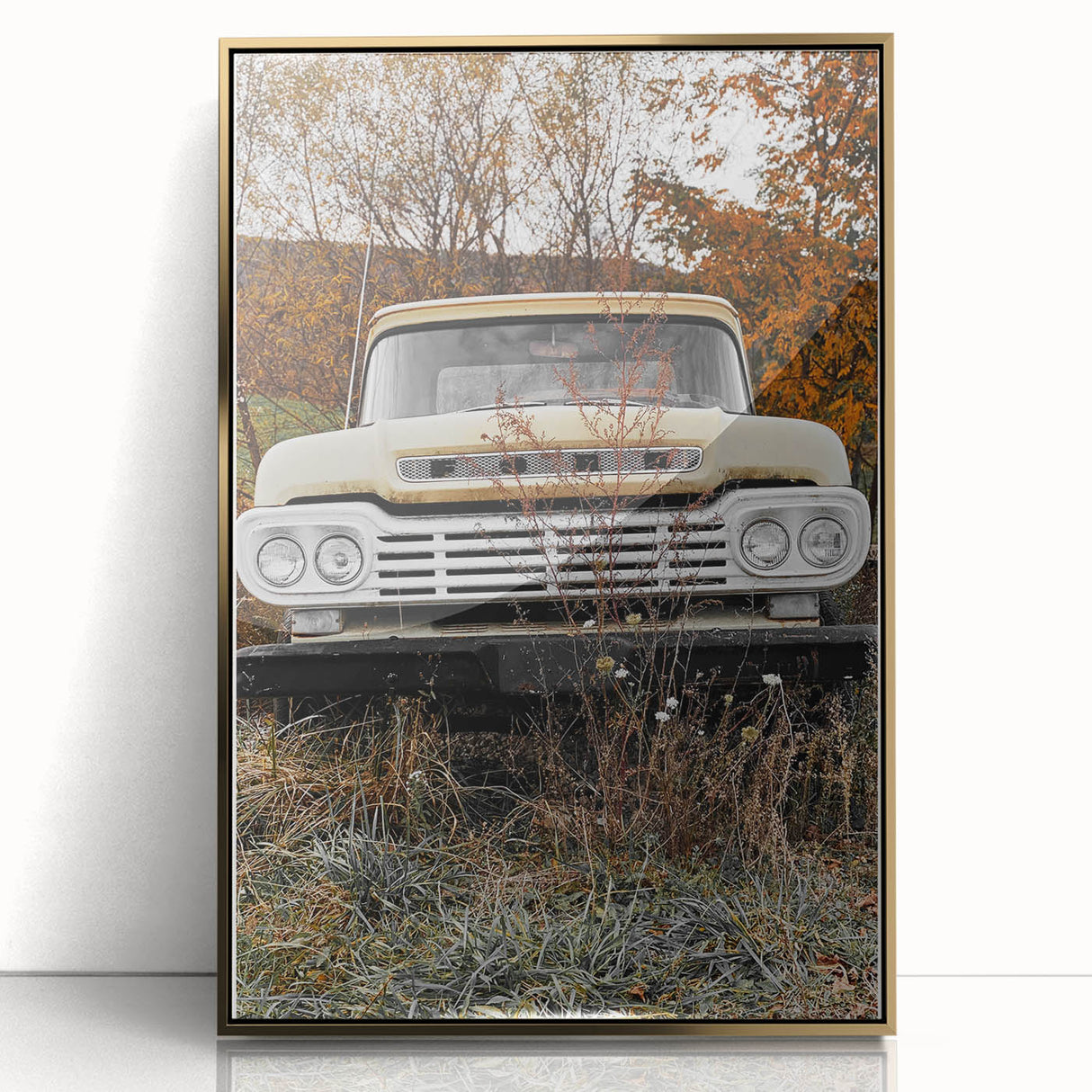 Rustic Wall Art: Vintage Abandoned Truck in Autumn Scene