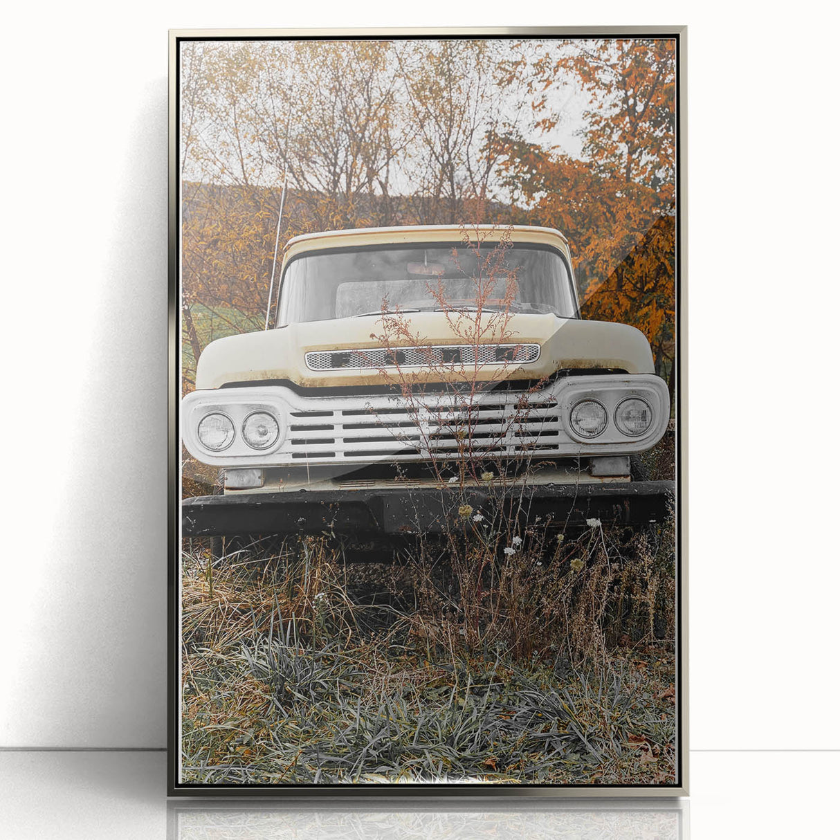 Rustic Wall Art: Vintage Abandoned Truck in Autumn Scene