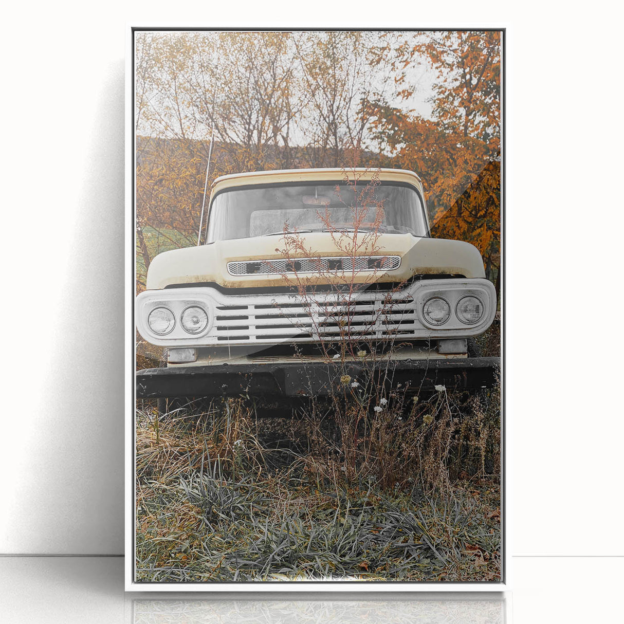 Rustic Wall Art: Vintage Abandoned Truck in Autumn Scene