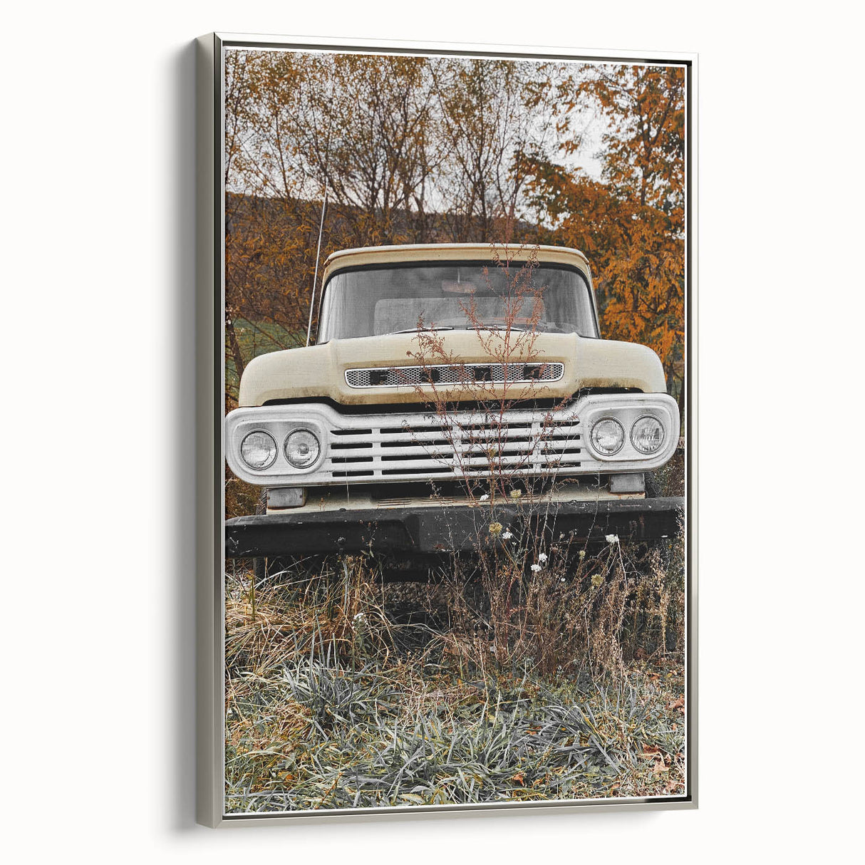 Rustic Wall Art: Vintage Abandoned Truck in Autumn Scene
