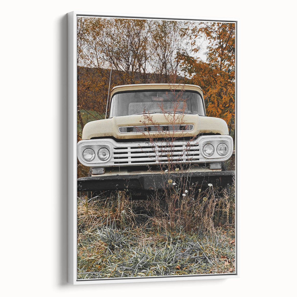 Rustic Wall Art: Vintage Abandoned Truck in Autumn Scene