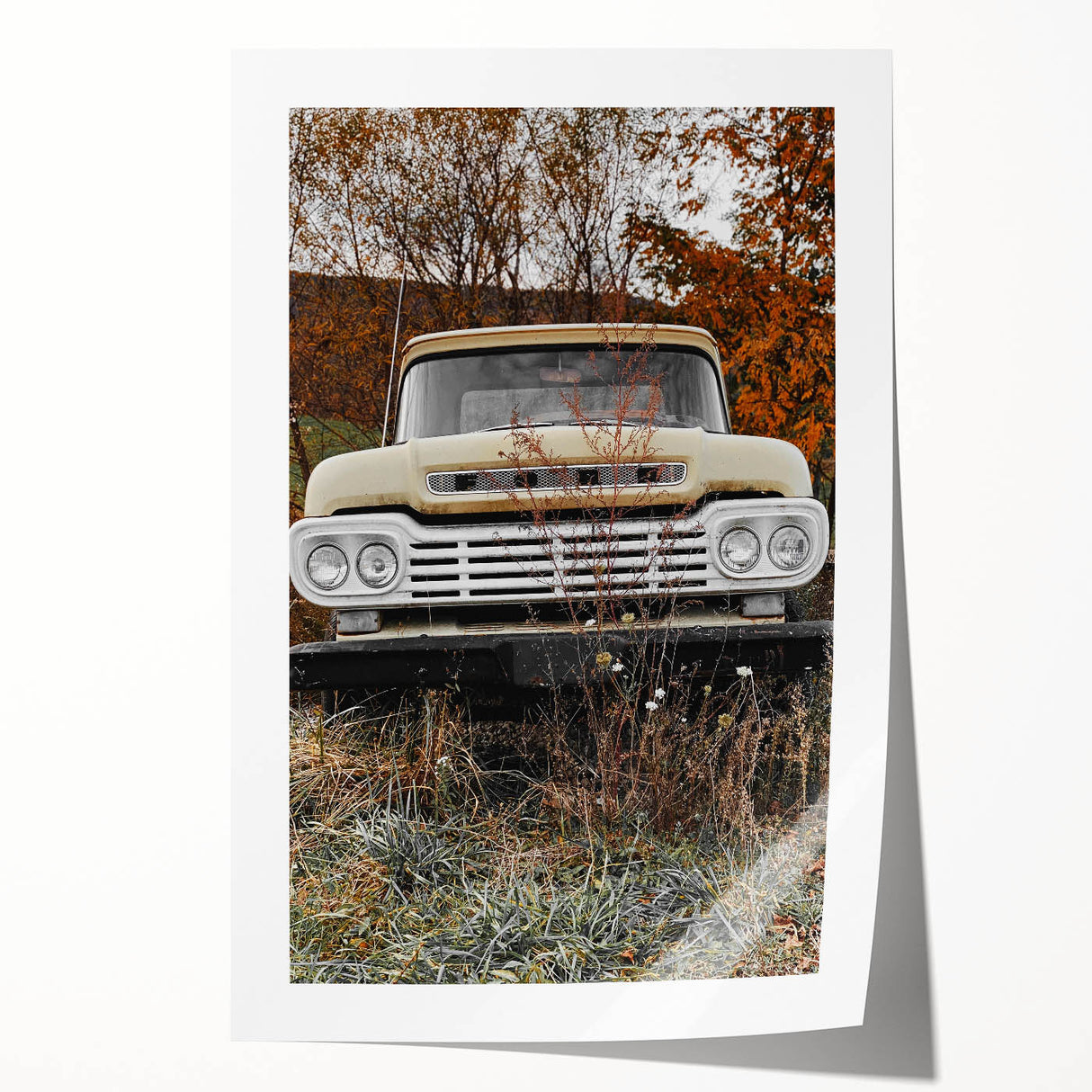 Rustic Wall Art: Vintage Abandoned Truck in Autumn Scene