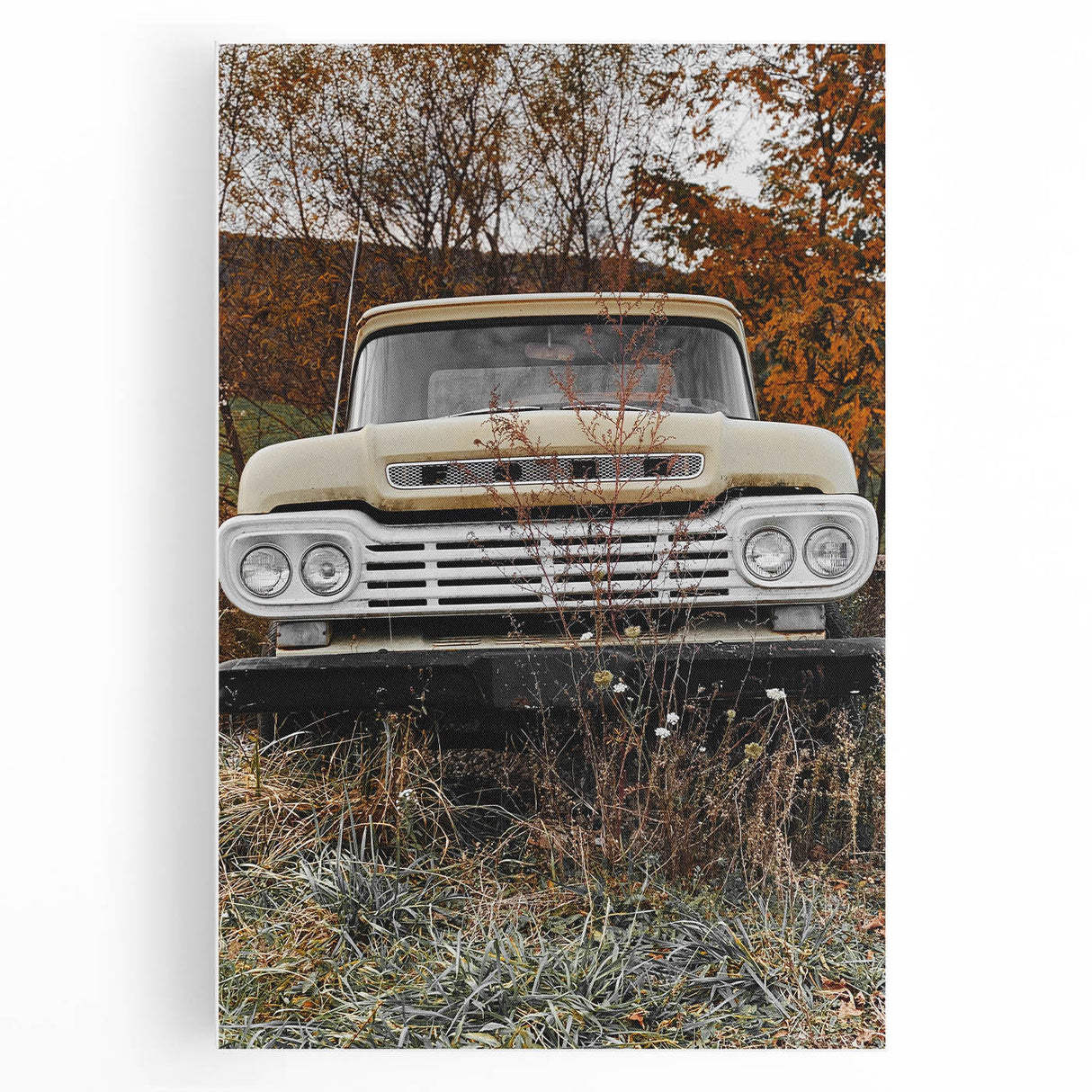 Rustic Wall Art: Vintage Abandoned Truck in Autumn Scene