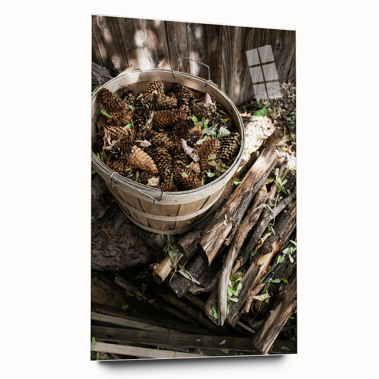 Rustic Wall Art - Pinecones in Wooden Basket, Farmhouse Decor Print